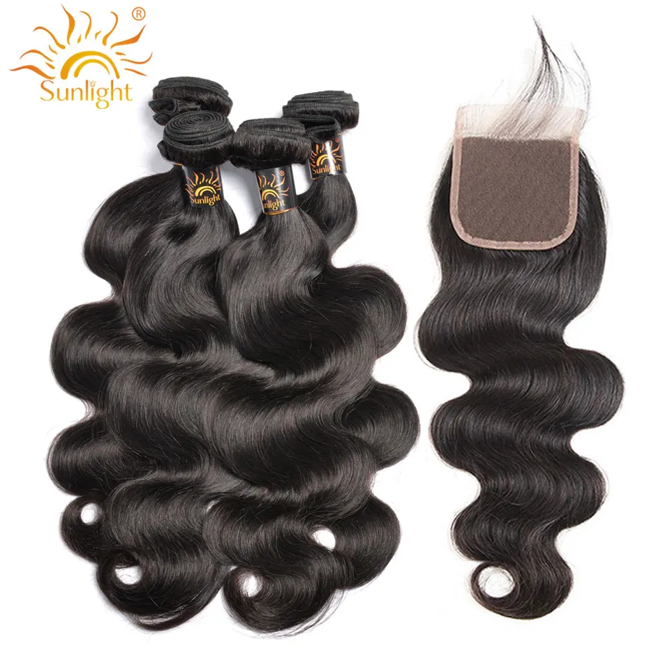 

Brazilian Body Wave Hair Bundles With Closure 4pcs/lot Remy Human Hair Weave Bundles With Closure Free Part Sunlight Hair 1B#