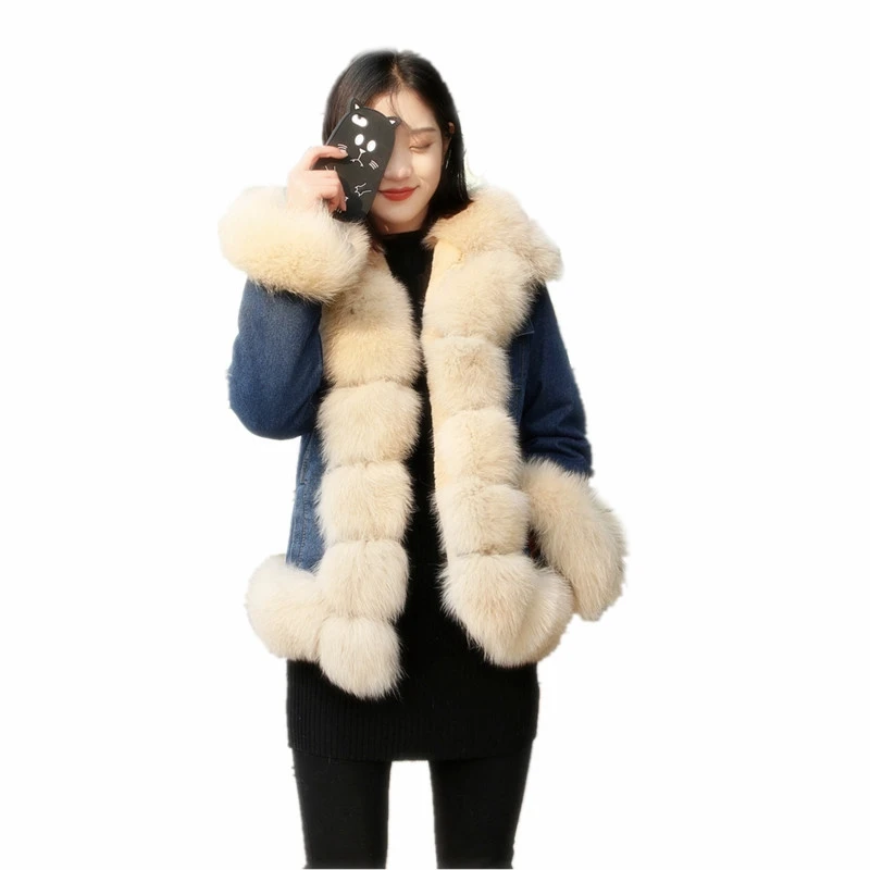 

denim natural fur parkas with fox fur collar trim 2018 new fashion real rex rabbit fur lining Russia style lady winter warm coat
