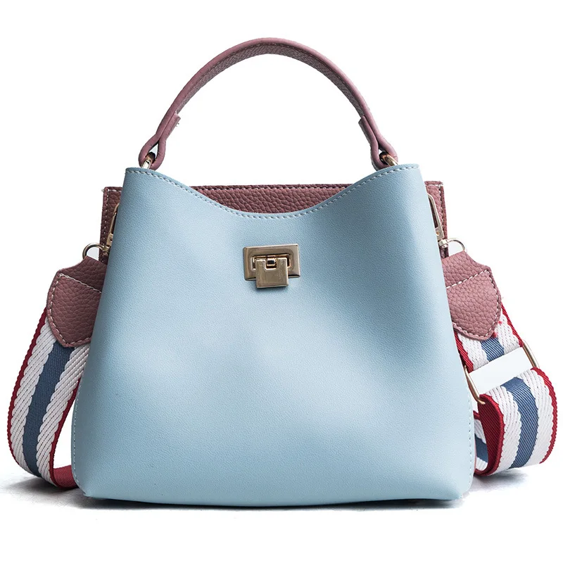 

Winmax Women Handbag Bucket Fashion Color Leather Shoulder Bag Wide Strap Small Casual Messenger Bag Hasp Open Totes Bags