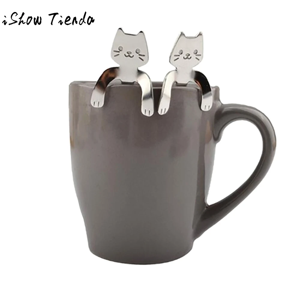 

New Stainless Steel Coffee & Tea Spoon Mini Cat Long HandleSpoon Drinking Tools Kitchen Gadget Flatware Tableware #AP