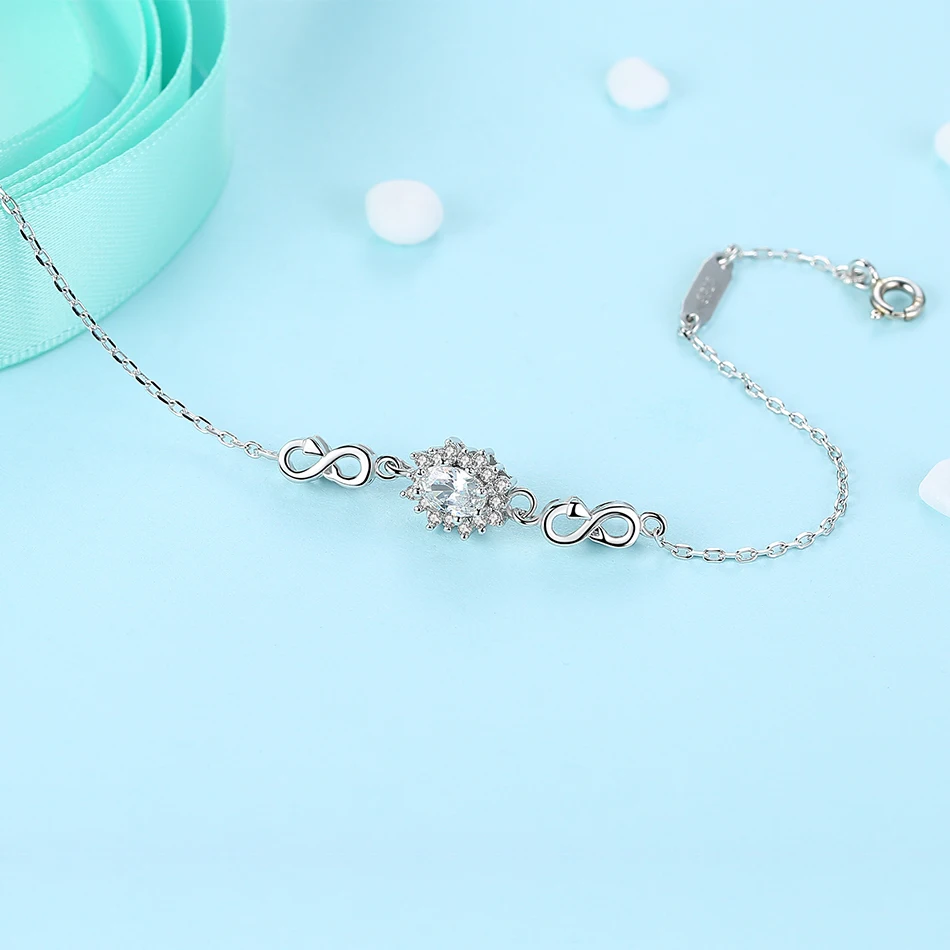 ELESHE 925 Sterling Silver Infinity Charm Bracelet with Round Crystal Adjustable Bracelets for Women Jewelry Christmas Gift