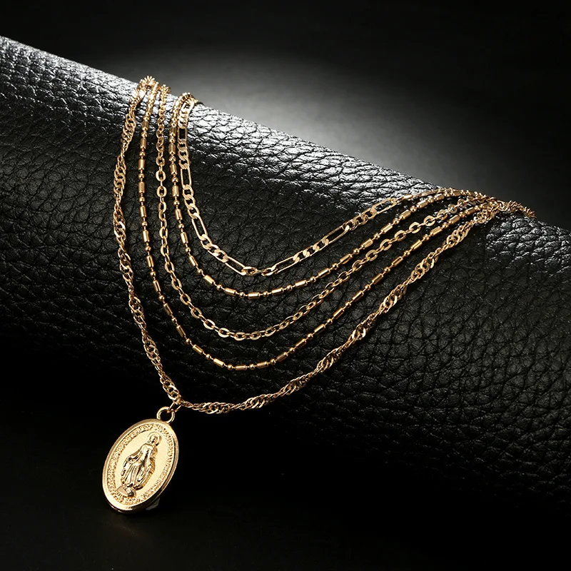 Индивидуальная многослойная золотая цепочка с подвеской в виде девственницы Марии для женщин, винтажное Очаровательное ожерелье-чокер, вечерние ювелирные изделия