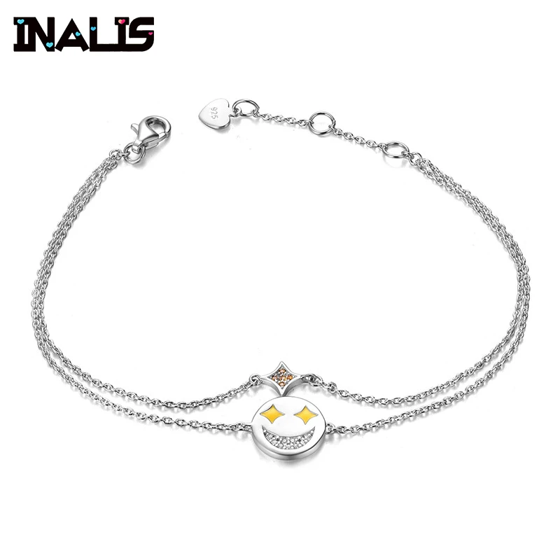 

INALIS Bangle&Bracelet 925 Sterling Silver Double Link Chain with Smile Face Star Accessories Charming Bracelet for Women Party