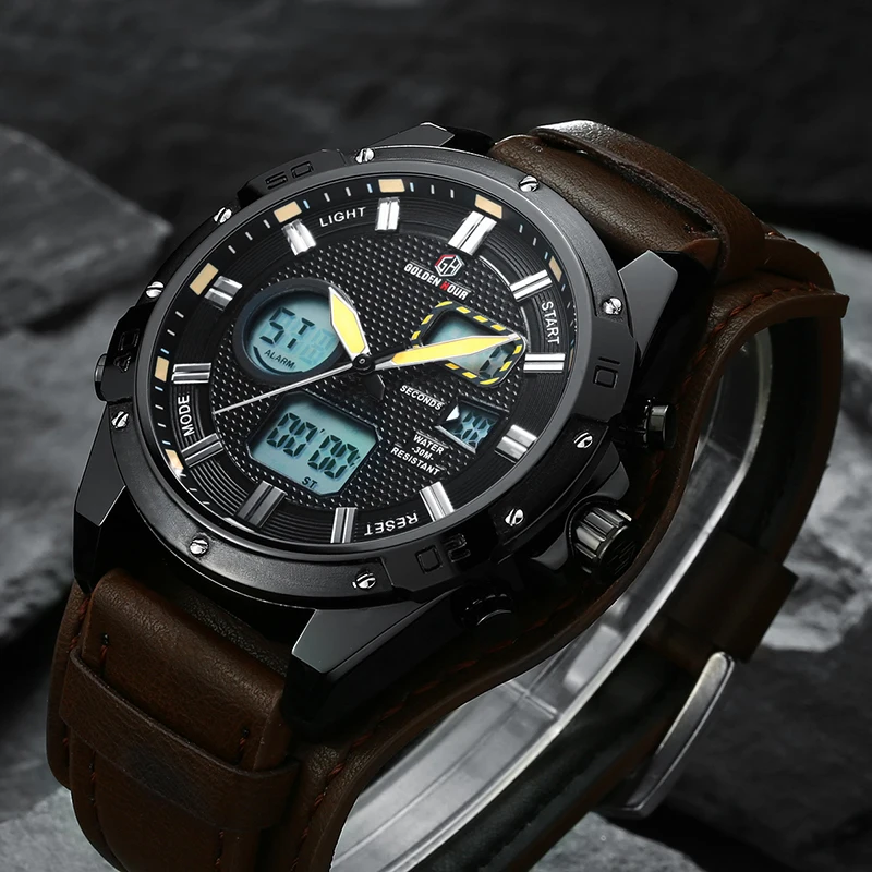 GOLDENHOUR Leder Sport Männer Analog Quarz Armbanduhr Armee Militär Datum Dual Display Outdoor_voghion.com