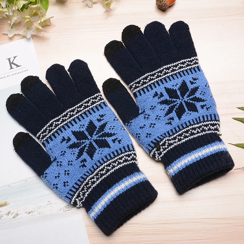 

Girl Fashion Warm Knitted Thick Maple Leaf Snowflake Printed Female Coldproof Winter Thermal Patchwork Textured Gloves Mitten