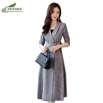

Long section of the windbreaker women's spring fashion slim Suede cashmere coat Female large size knee over wild jacket OKXGNZ