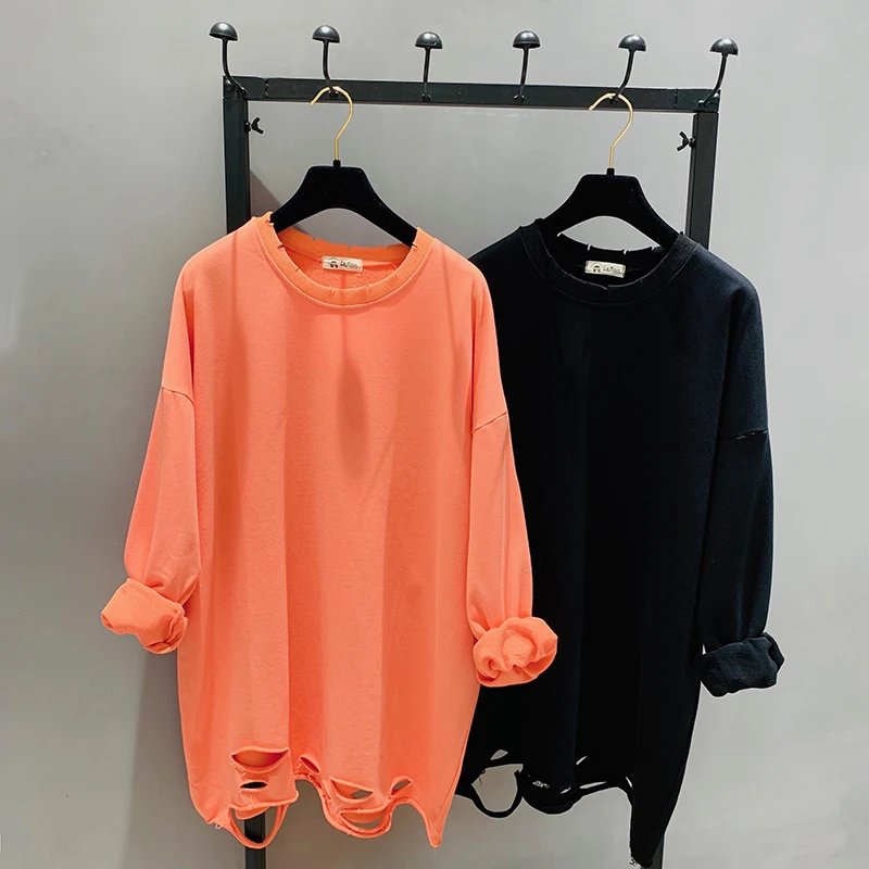 

Long Sleeve T Shirt Women Cotton Casual Knitted Hole Cloth Solid O-neck Loose New Style Spring 2019