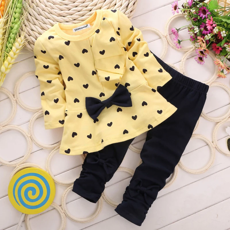 

Spring Autumn Girls Clothes Ruffle Bow Dots Girls Clothing Sets Cotton Casual Long Sleeve + Trousers Girl Set Baby Girl Clothes