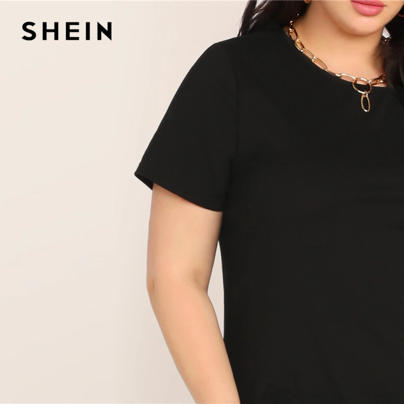 SHEIN, платье-туника размера плюс, черное, с разрезом, с высоким-низким подолом, однотонное,, женское, летнее, повседневное, с разрезом, прямое, плюс платья