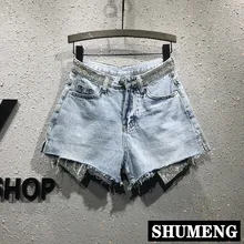 Лето новые женские шикарные джинсы женские студенческие Высокая талия вспышка просверленные джинсовые шорты с МЕХОВОЙ окантовкой горячие брюки женские
