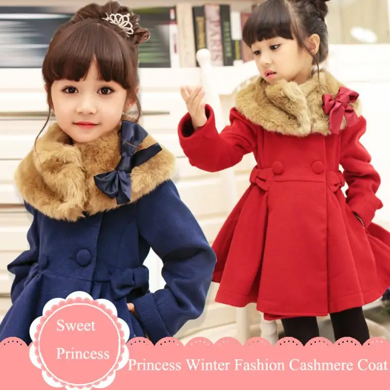 Wool Coat Girls Red Winter Coats Fur Collar Cashmere Wool Dress Coat