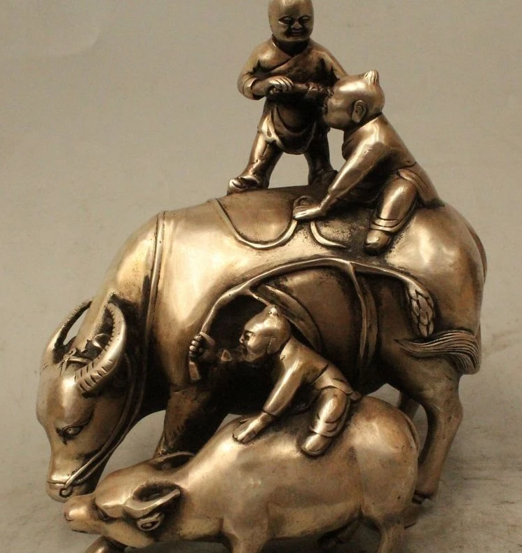 

8" China Feng Shui Silver Zodiac Year Bull Oxen Mother Son Boy Statue Sculpture
