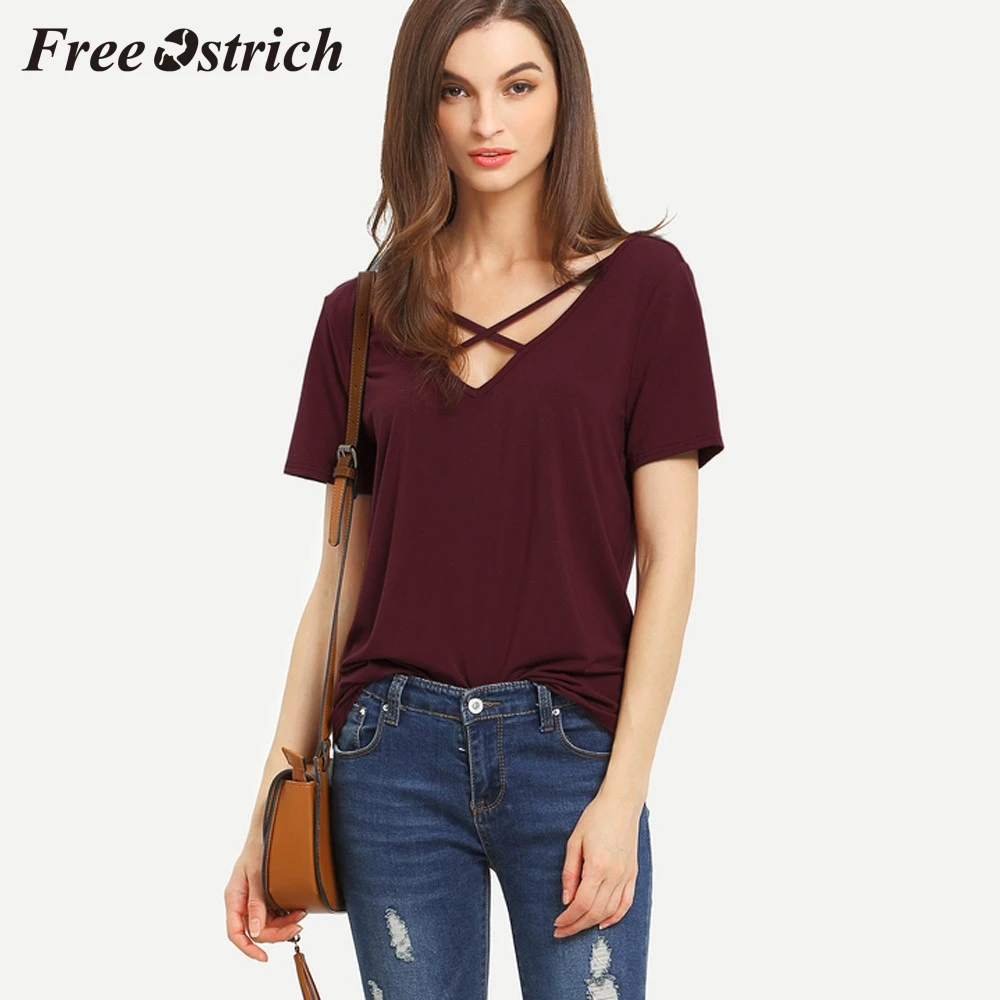 

Free Ostrich High Quality Womens Plus Size Short Sleeve V Neck Top Tee Shirt Cross T-shirt Soft Fashion T-shirt For Women