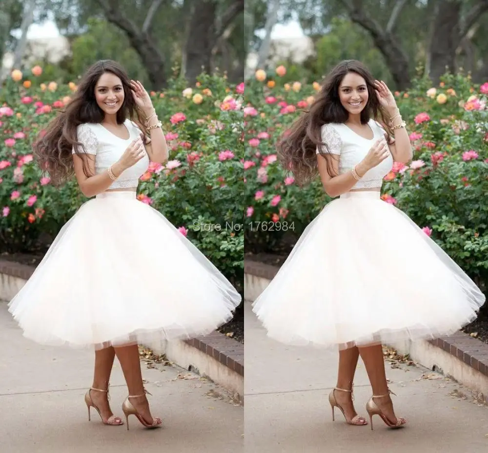 Lace Short Prom Dresses 2017 Jewel Collar Two Pieces Prom Dress Puffy Tulle Tea Length Girl Prom Party Gowns Custom Made