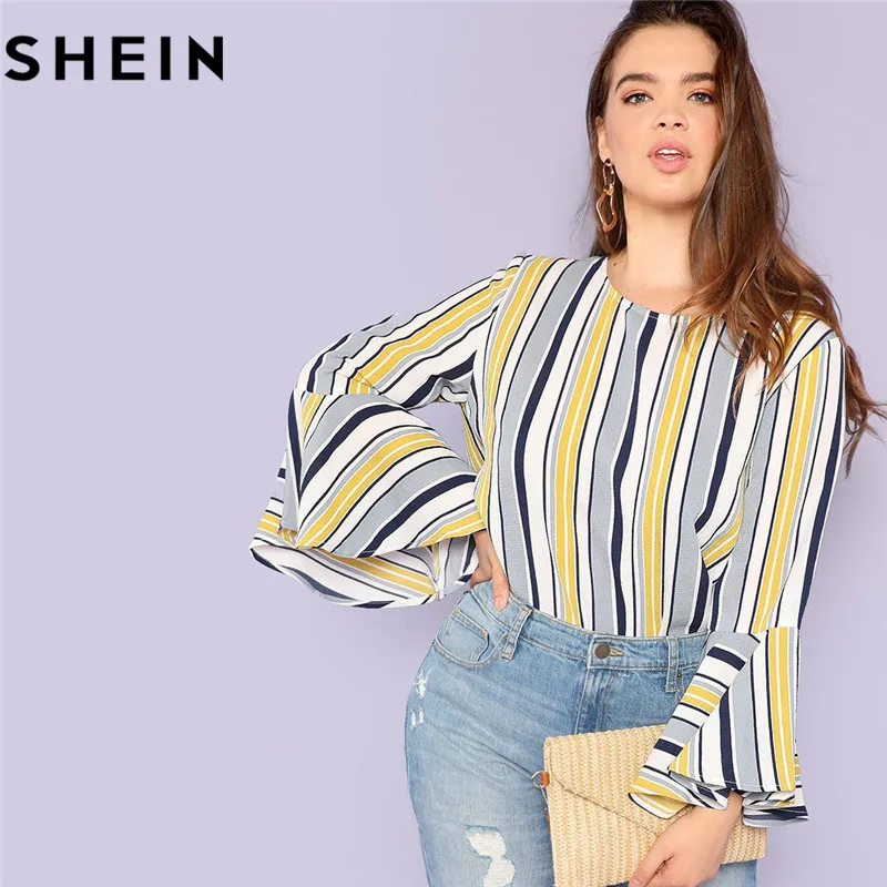Tanie SHEIN Elegancki Wielokolorowe Paski Wzburzyć Rękawem Plus Size Długie Kobiety Bluzki 2018 Jesień Urząd Lady O Gryf Fashion Bluzki Bluzka