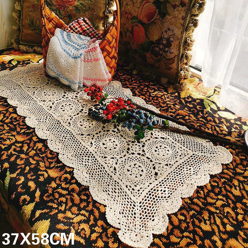 

Pastoral Vintage Cotton Crochet Table Runner Rectangular Tablecloth Flag Cloth Cabinet Bedside Table Cover Home Wedding Decor