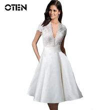 OTEN летние женские сексуальные платья с глубоким v-образным вырезом и высокой талией, белые кружевные лоскутные платья в стиле рокабилли, Повседневные Вечерние платья kleider