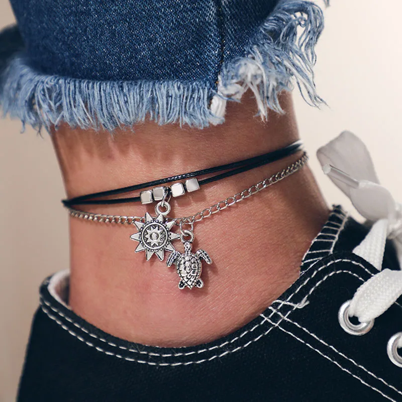 

1 Pcs Bohemian Alloy Turtle Sun Pendant Chain Anklet for Women Square Beaded Black Wax Rope Multi-layered Simple Ankle Bracelet