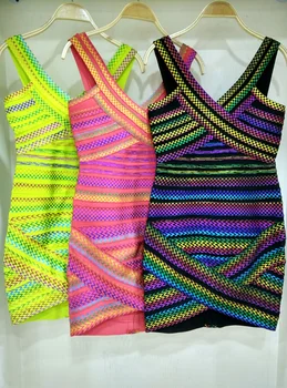 

Women Summer Sexy V Neck Rayon Bodycon Bandage Dress Knitted Elegant Designer Mini Party Dress