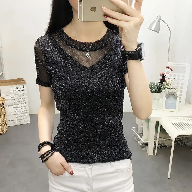 

Bright silk Sweaters Women slim Short sleeve Pullover 2019 Spring summer Knitted sweaters Casual elegant fake V-neck Tops Femme