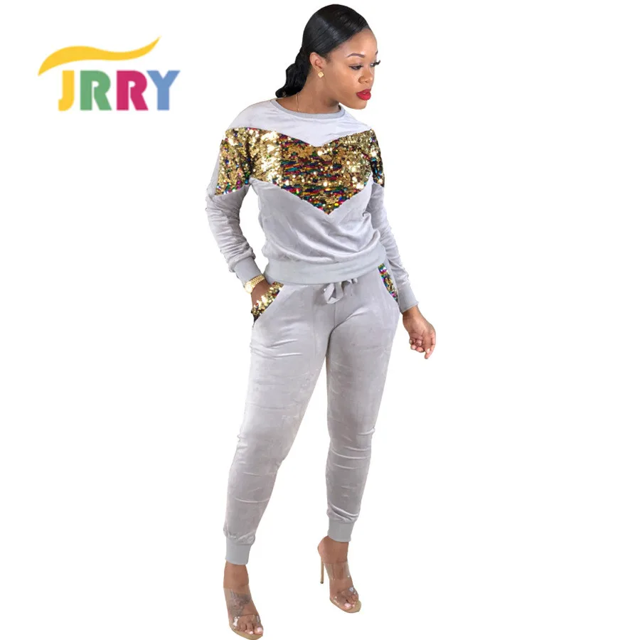 

JRRY Sexy Women Jumpsuit Two Pieces Set Jumpsuit Sequins Front Top Jumpsuit Sequins Pockets Pants Jumpsuit
