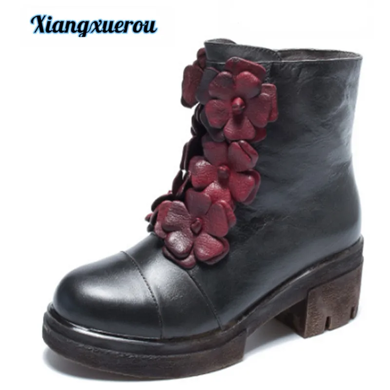 

Xiangxuerou 2018 autumn winter new style national style genuine leather flower Martin boot top layer cowhide female boo