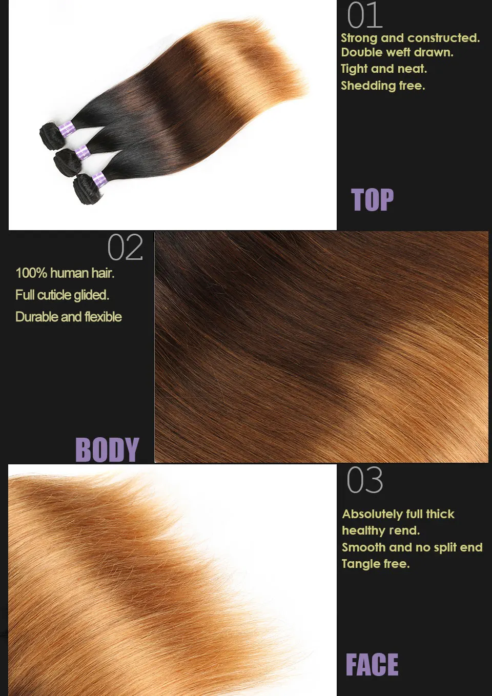 ALIMICE Ombre Brazilian Hair Straight Hair 3 Bundles T1B430 Non Remy Human Hair Weaves Bundles 3 Tone Ombre Hair Extensions (5)