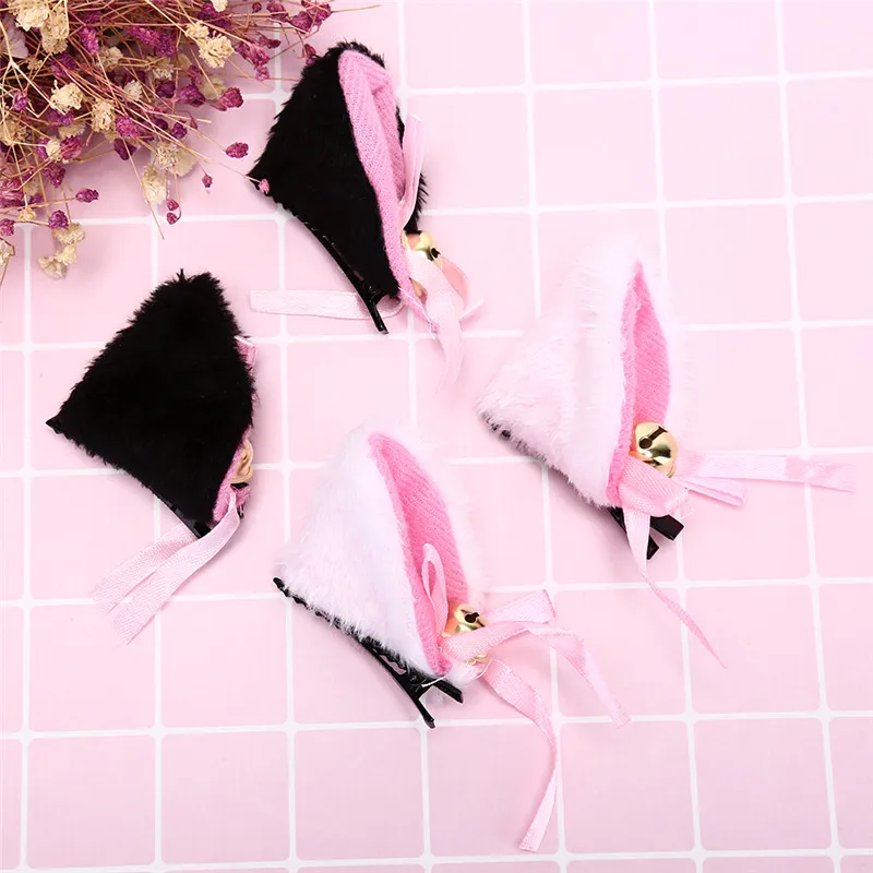 

Cat Ears With Bell Hair Clip Cosplay Party Halloween Gift Hair Accessory White Black Fox Long Fur Lovely Costume Hair Clip