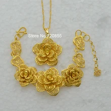 Gran Flor de La Joyería de Oro Verdadero Plateado de Moda de África Boda Joyería Nupcial Conjunto Para Las Mujeres, Joyería Del Partido, Dubai pulsera