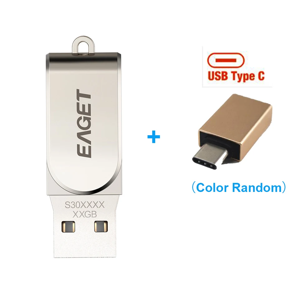 Eaget S30 USB 3,0 высокоскоростной металлический USB флеш-накопитель 16 Гб оперативной памяти, 32 Гб встроенной памяти, 64 ГБ флэш-накопитель противоударный u диск памяти флеш-накопитель memoria Cel палка подарок - Цвет: Free Type-c adapter