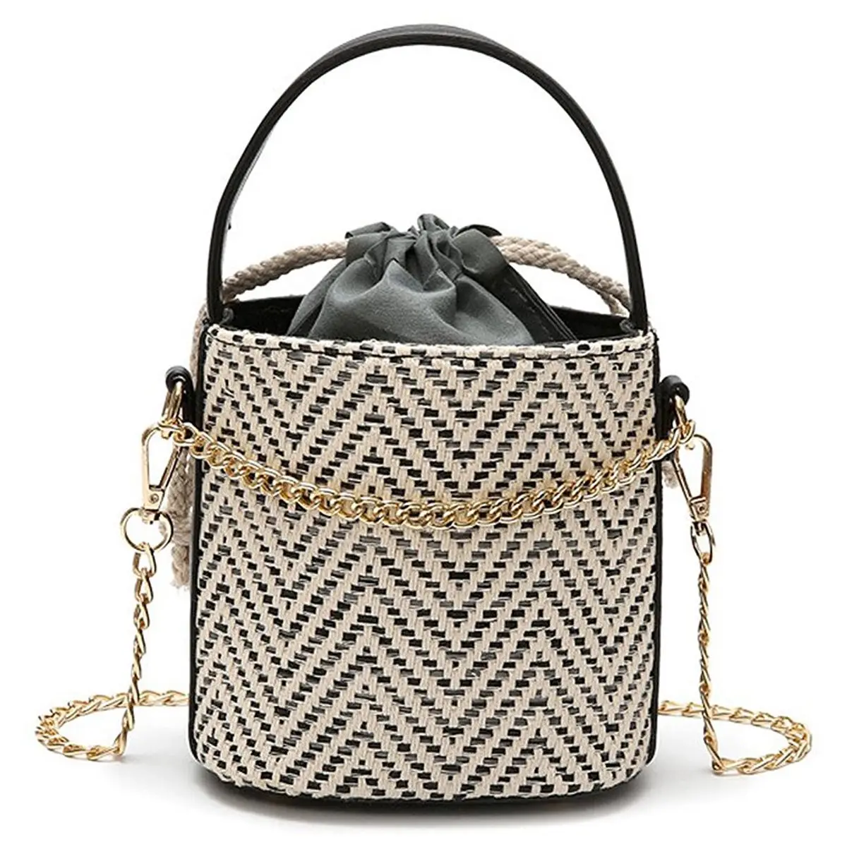 VSEN Women Straw Handbag Tote Summer Holiday Woven Bucket Bag Leisure Chain Shoulder Bag Crossbody Bag