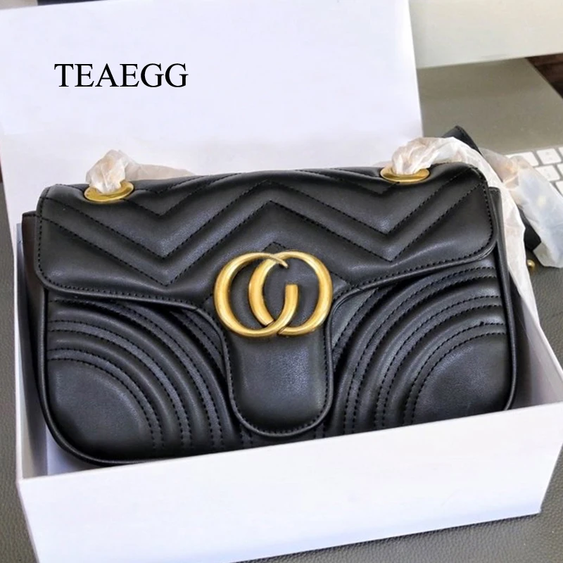 

Women Real leather Marmont chain shoulder bag Lady Flap Double Gold G hardware chevron Crossbody Bag Messenger Bag