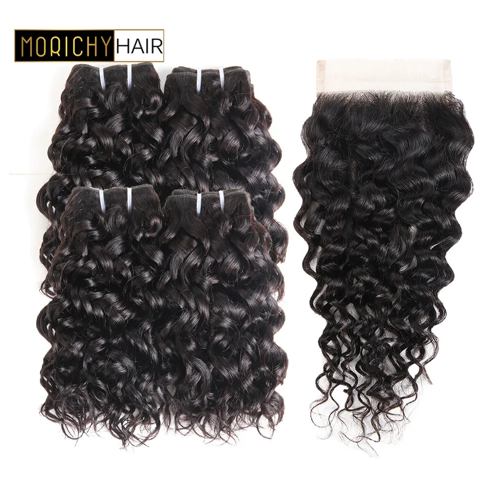 

MORICHY Water Wave 4 Bundles with Closure Brazilian Hair with 4X4 Lace Closure 8In Short-cut Non Remy Human Hair Natural Color