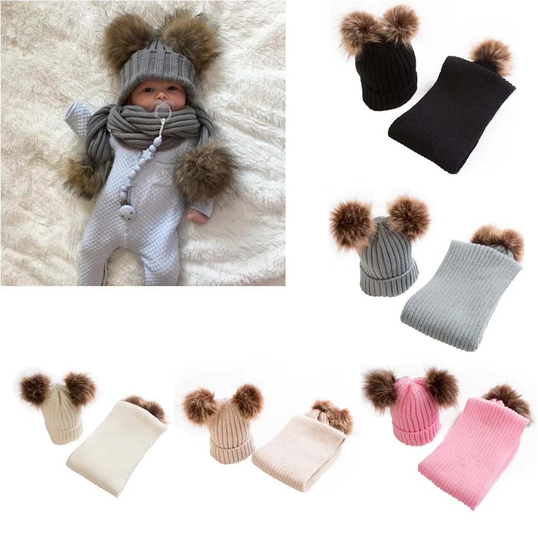 0-24 м Симпатичные новорожденных одежда для малышей Детские теплые зимние вязаные шапка двойной Пипидастр шерсть мяч шапочка Кепки шарф 2 шт. Интимные аксессуары