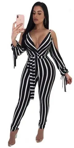 

Sexy Striped Jumpsuit Women Bodycon Jumpsuit Deep V Neck High Split Sleeve Backless Pants Clubwear Party Jumpsuits Romper DW670