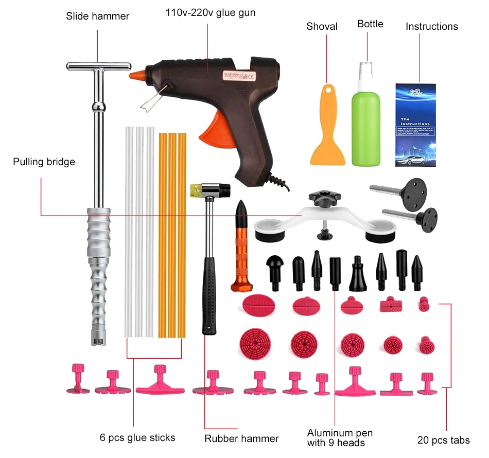 PDR Инструменты комплект Paintless Дент Ремонт Инструменты Дент Удаление автомобиль Для тела Ремкомплект инструмент для удаления вмятин Дент Съемник Быстрая