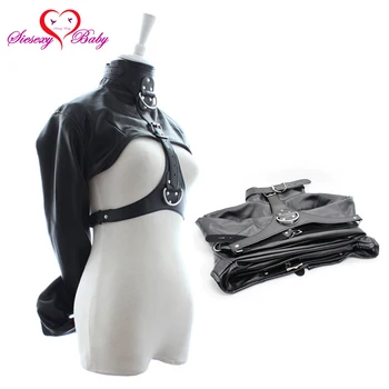 

PU Leather Erotic bdsm Bondage Restraint Waist Restraints with Bare Breast Fetish All Arm restrain Handcuff Collar Slave cosplay