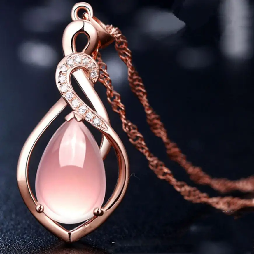 Rose Gold Fashion Women Crystal Pink Pendant Necklace Statement Jewelry Christmas Gift Fashion Accessories Womens Necklace 