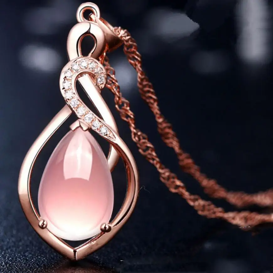 Rose Gold Fashion Women Crystal Pink Pendant Necklace Statement Jewelry