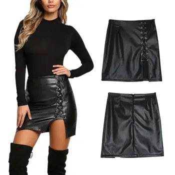 

2019 New Fashion Womens Faux Leather Pencil Skirts Black Lace Up Split Short Skirts Vintage High Waist Bodycon Skirt Hot