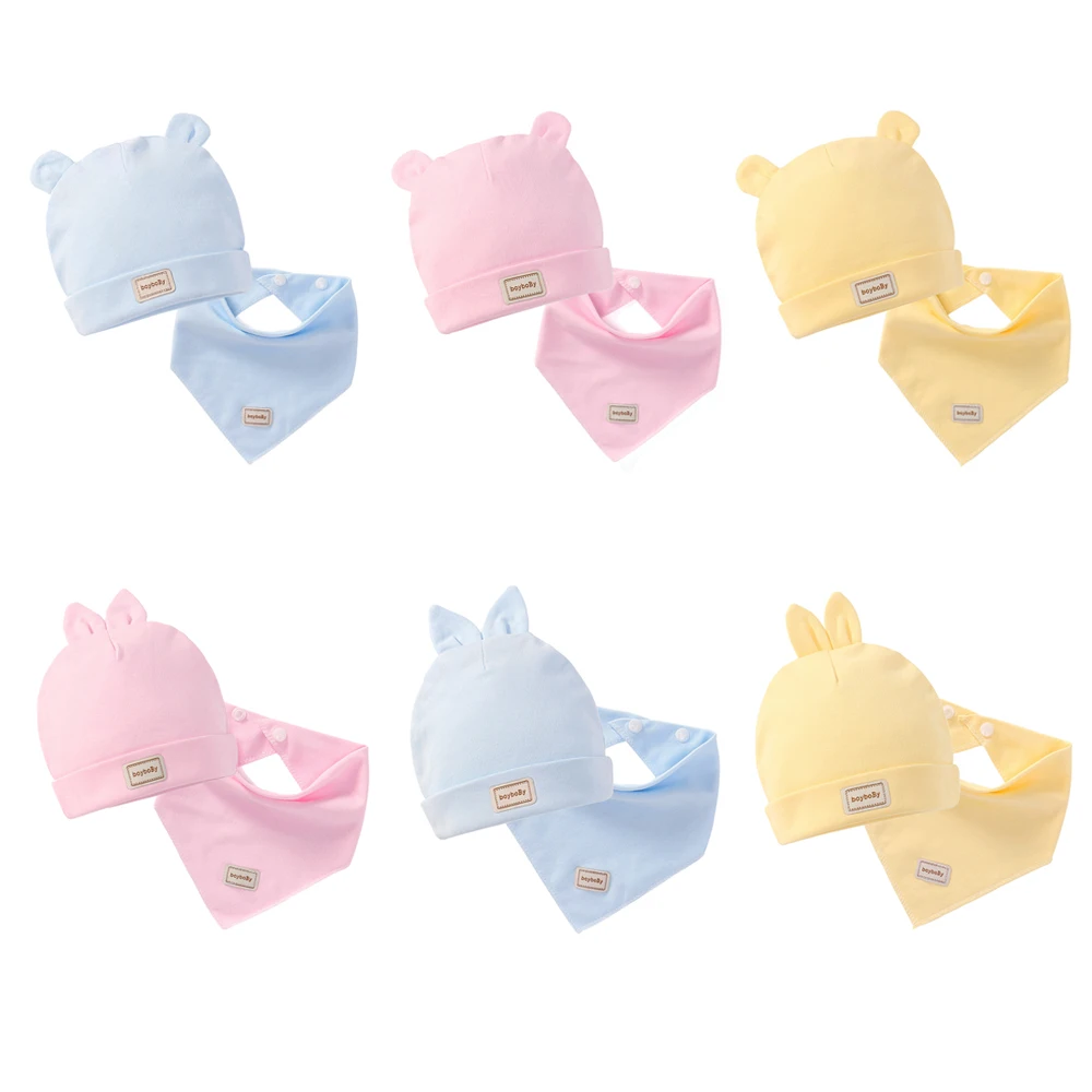 

3 Color Set Eslatic Headscarf Double Layer Cotton Baby Caps&hats with Baby Bibs Set Pink Yellow and Sky Blue for Newborn Infant