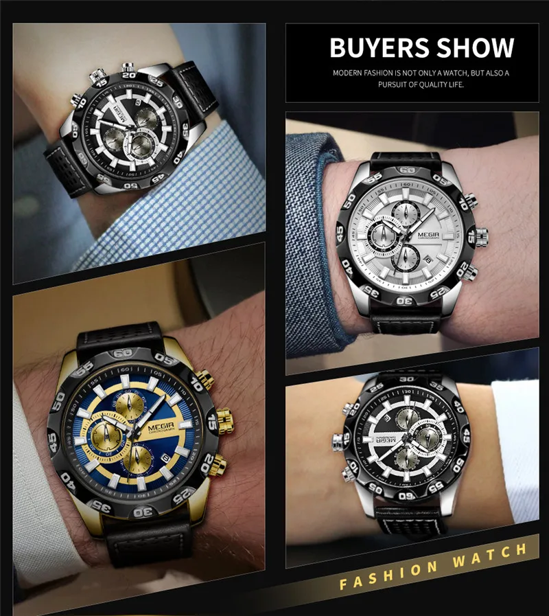 MEGIR мужские часы Топ люксовый бренд Хронограф военные спортивные наручные часы из натуральной кожи кварцевые мужские часы Relogio Masculino 2096