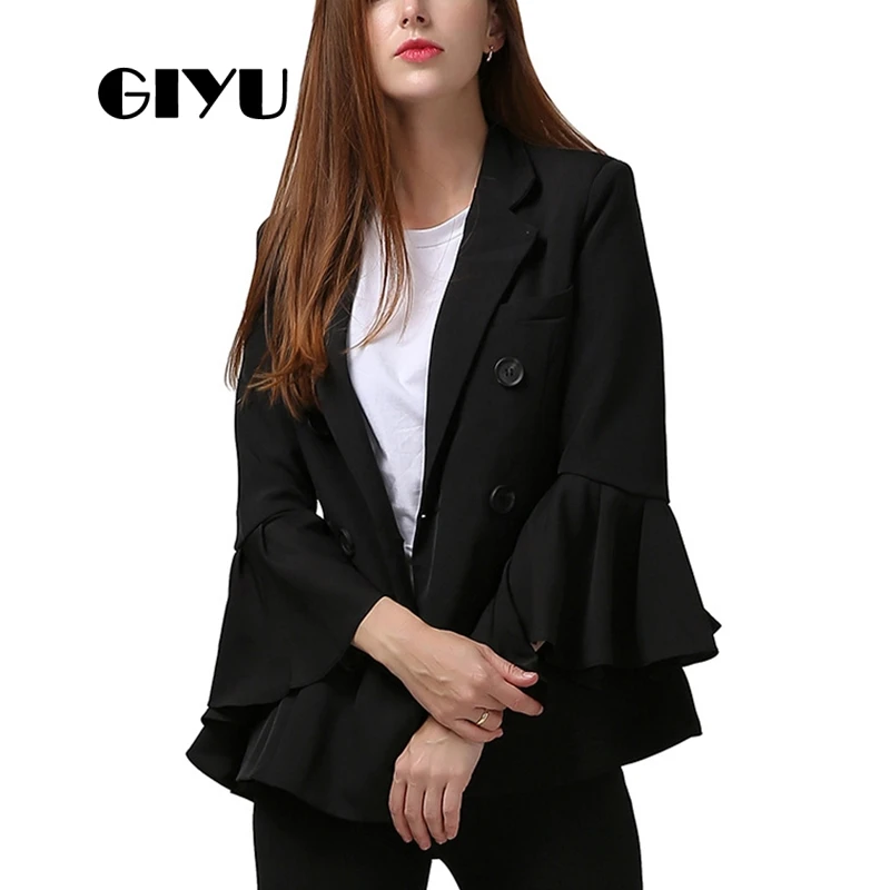 GIYU Autumn Women Flare Sleeve Blazer White Black Jackets Pockets Office Lady Buttons Casual camiseta mujer