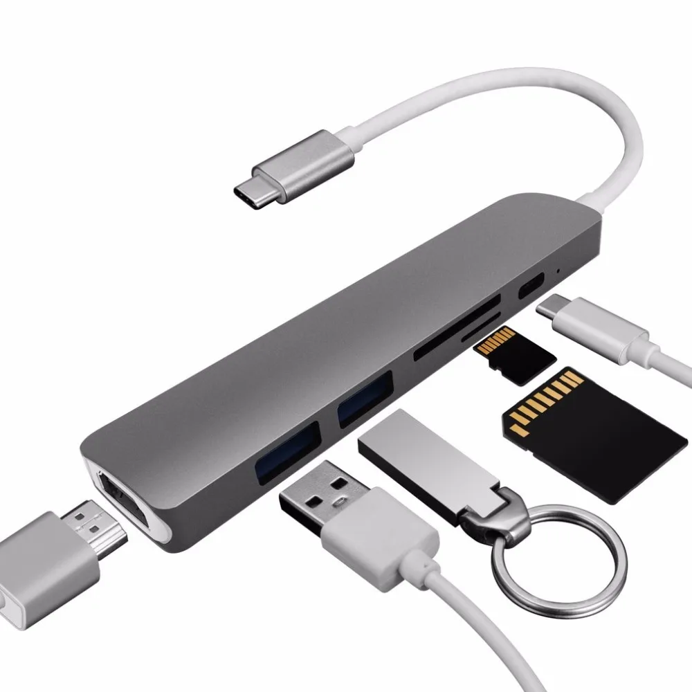 Многофункциональный Тип-c концентратор 6-в-1 Тип-c адаптер 4K HDMI Выход USB 3,0 Порты с кард-ридер концентратор для MacBook для телефона из поликарбоната