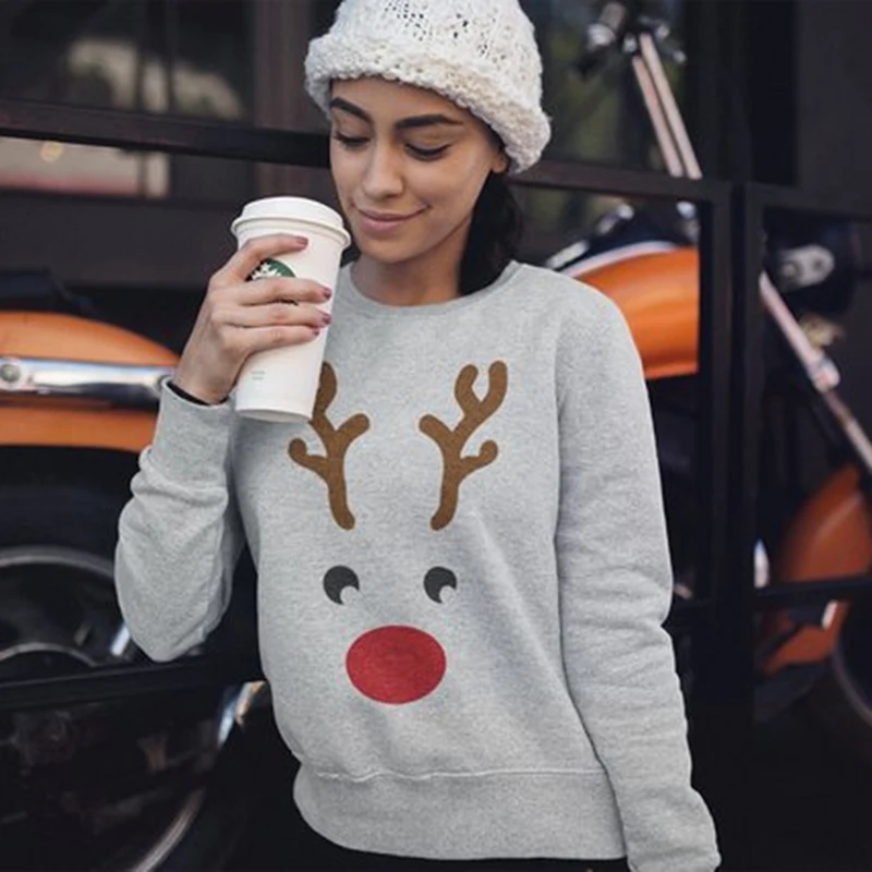 

New Christmas Sweatshirt Hip Hop Casual Deer Printed Hoodies Pullover Printed Long Sleeve Tops Women Tracksuits