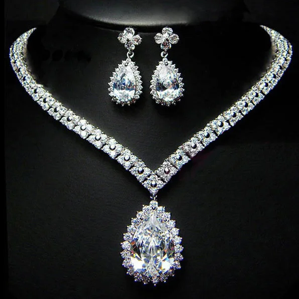 

Fashion wedding bridal jewelry sets necklace earrings with Big Pear Cut Cubic Zirconia High Quality