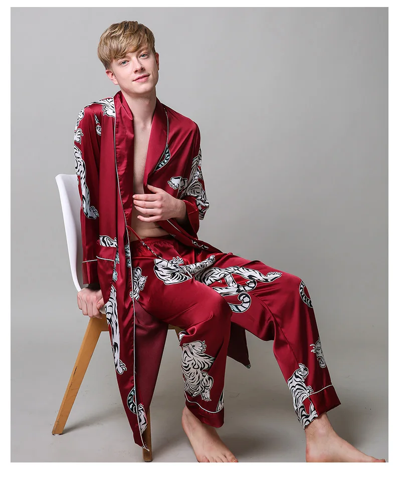 Two-Pieces Silk Nightgown Satin male Sleepwear Loose Tiger Dress Silky Long Sleeve Robe and Long Pants bathrobe set for Men mens pjs