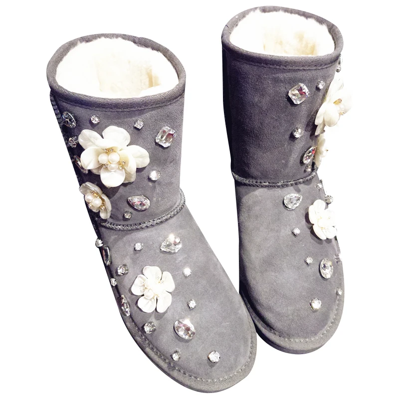 

Manual gem of new fund of 2018 autumn winters in cowhide drum increased thick flat bottom pearl cotton boots snow flower