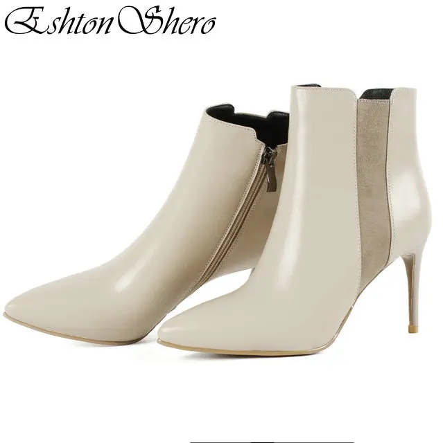 

EshtonShero Women Ankle Boots Shoes Woman Leather+ PU Zipper Office Lady Thin High Heel Autumn Ladies Wedding Boot Size 34-43