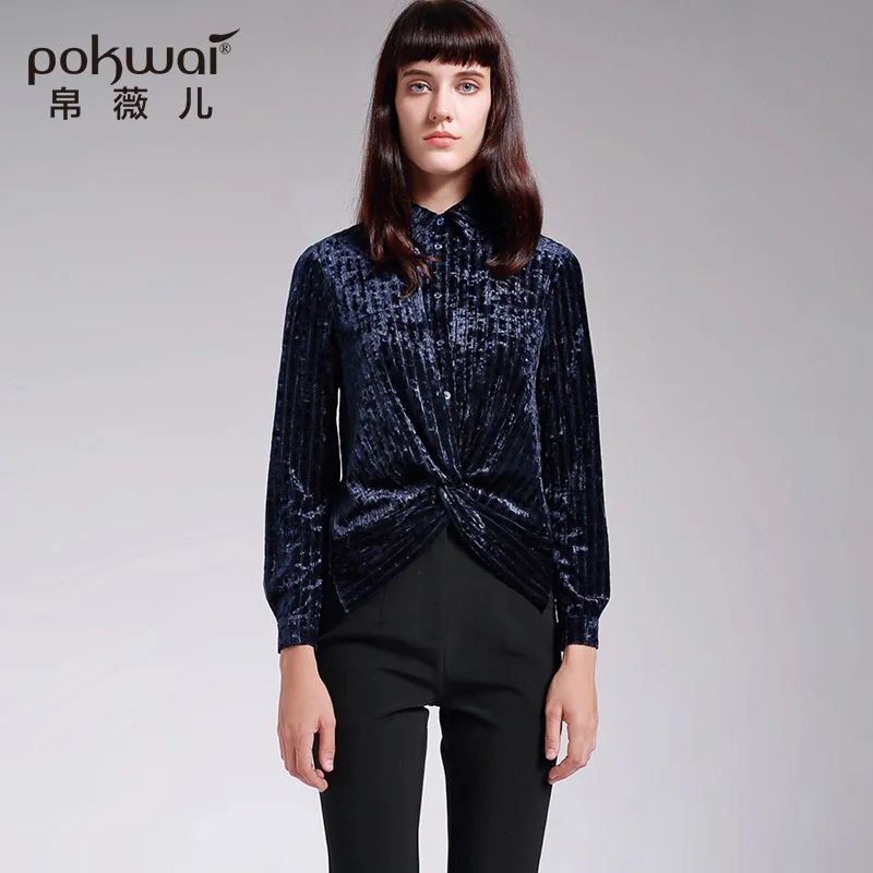 POKWAI Autumn Casual Velour Shirts Women Tops 2017 Luxury